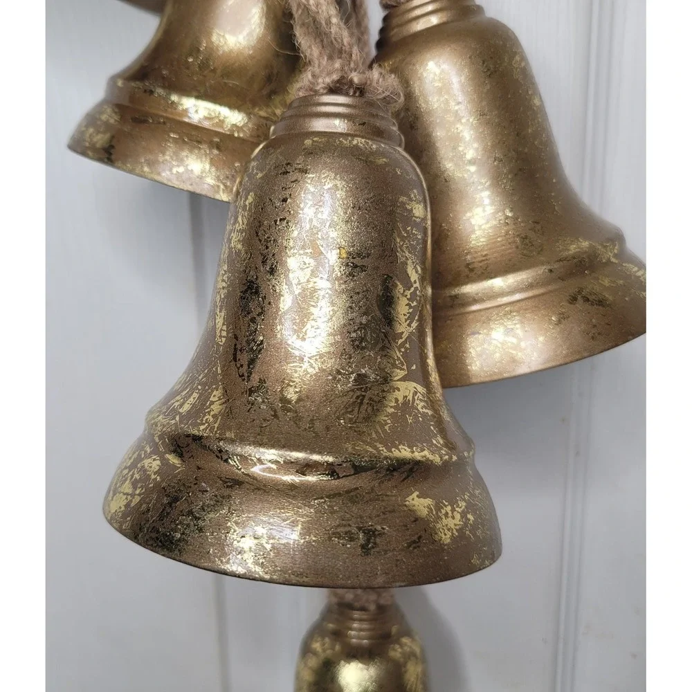 Rustic 5 Hanging Bells Gold Metal Bells w/ Jute Rope‎ Distressed Holidays Decor